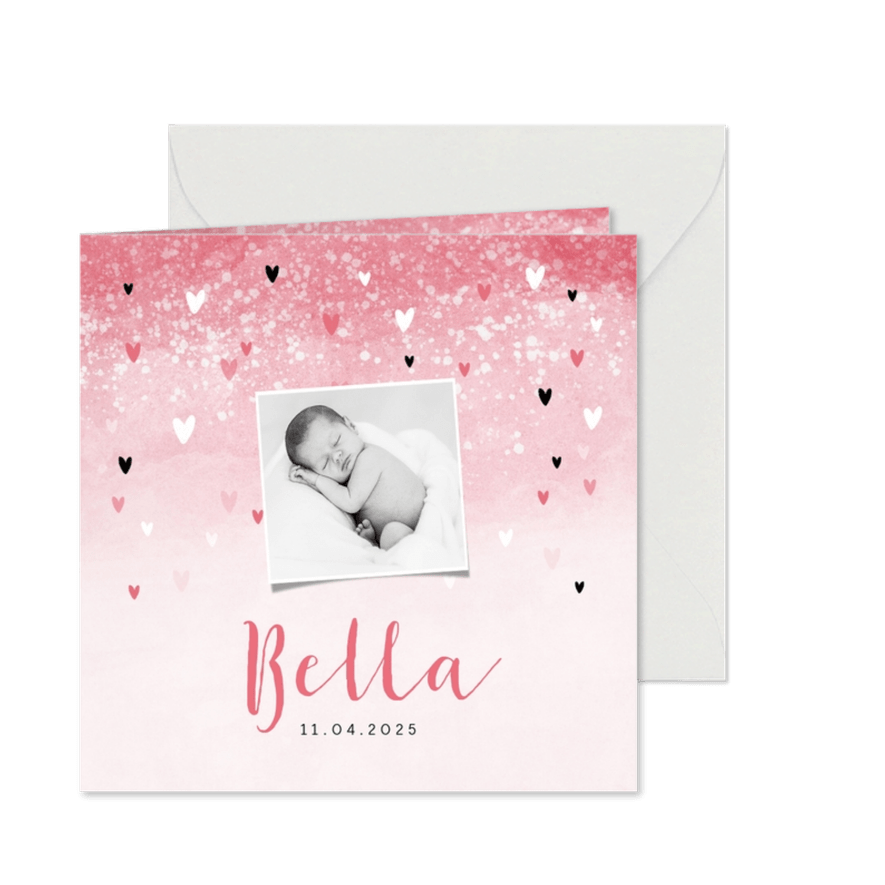 Dankeskarte zur Geburt rosa mit Fotos und Herzchen - Karteneindruck