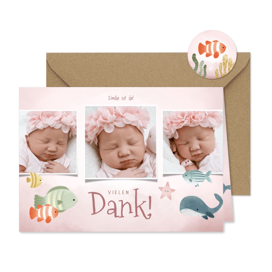 Dankeskarte zur Geburt Unterwasserwelt Fotocollage rosa - Karteneindruck