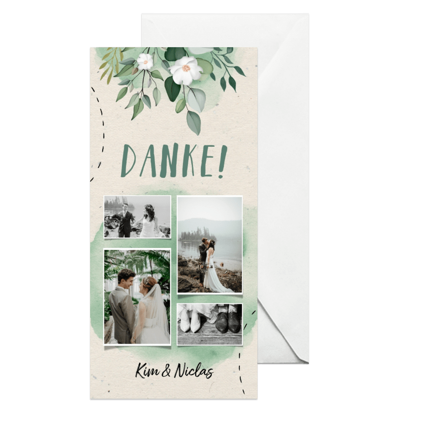 Dankeskarte zur Hochzeit Blumen & Doodles mit Fotos - Karteneindruck
