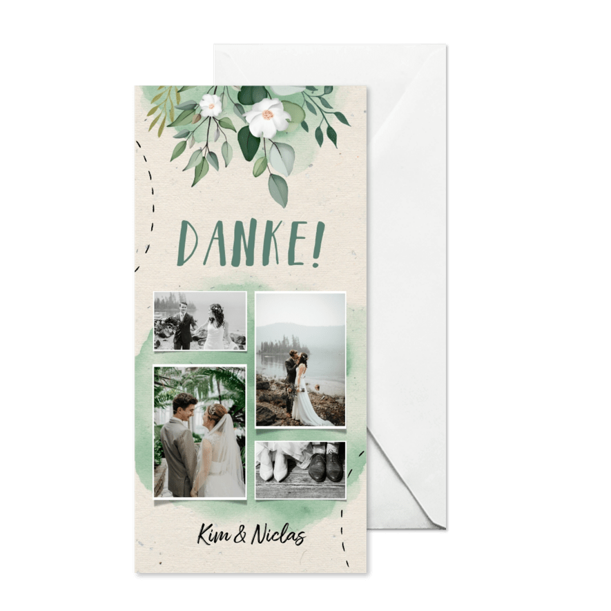 Dankeskarte zur Hochzeit Blumen & Doodles mit Fotos - Karteneindruck
