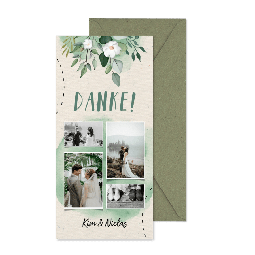 Dankeskarte zur Hochzeit Blumen & Doodles mit Fotos - Karteneindruck