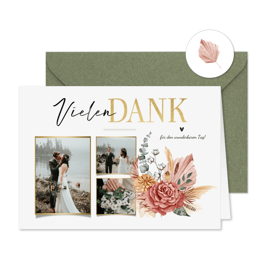 Dankeskarte zur Hochzeit Bohemian Flowers - Karteneindruck