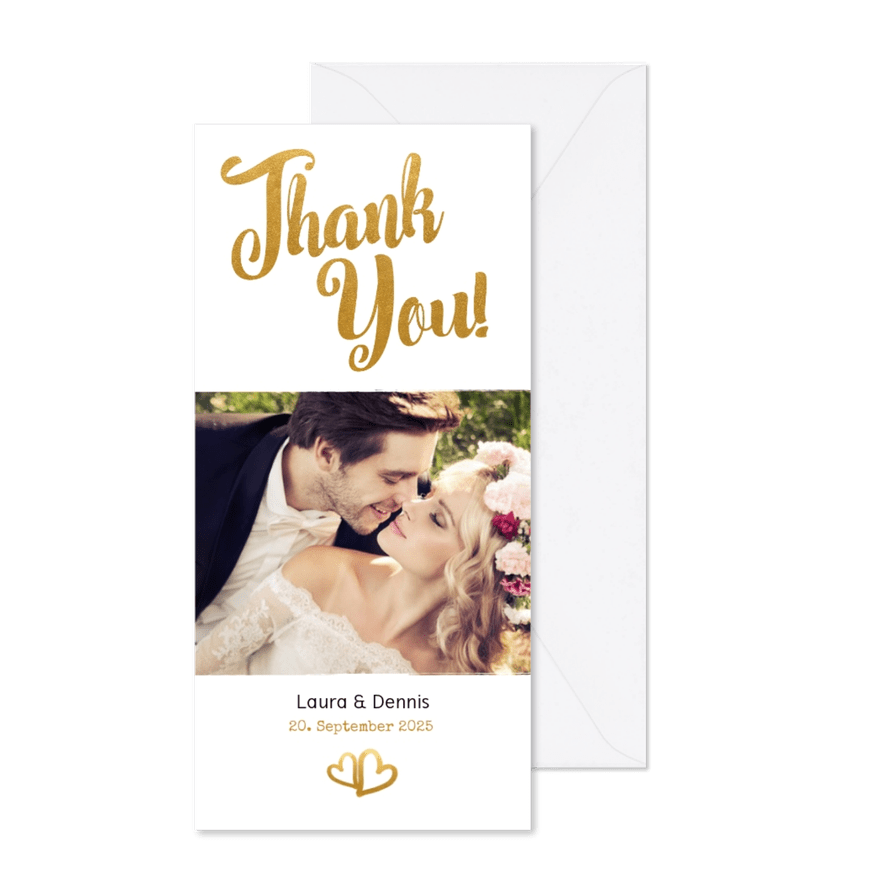 Dankeskarte zur Hochzeit Buchstaben in Goldlook - Karteneindruck