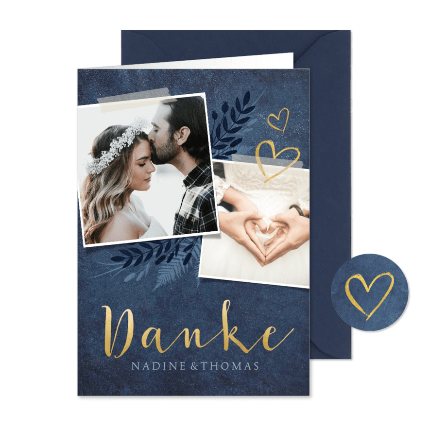 Dankeskarte zur Hochzeit dunkelblau Pflanzen & Foto - Kartenvorschau