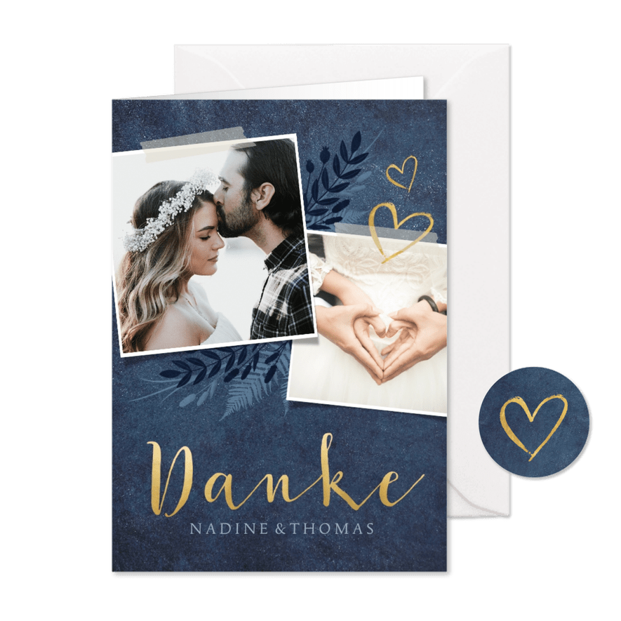 Dankeskarte zur Hochzeit dunkelblau Pflanzen & Foto - Karteneindruck
