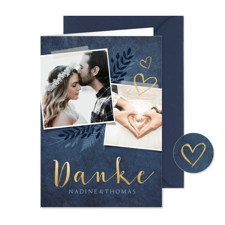 Dankeskarte zur Hochzeit dunkelblau Pflanzen & Foto - Karteneindruck