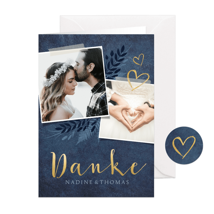 Dankeskarte zur Hochzeit dunkelblau Pflanzen & Foto - Karteneindruck
