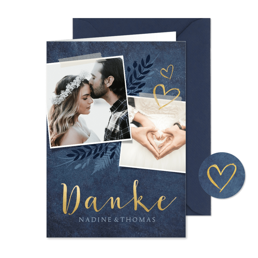 Dankeskarte zur Hochzeit dunkelblau Pflanzen & Foto - Karteneindruck
