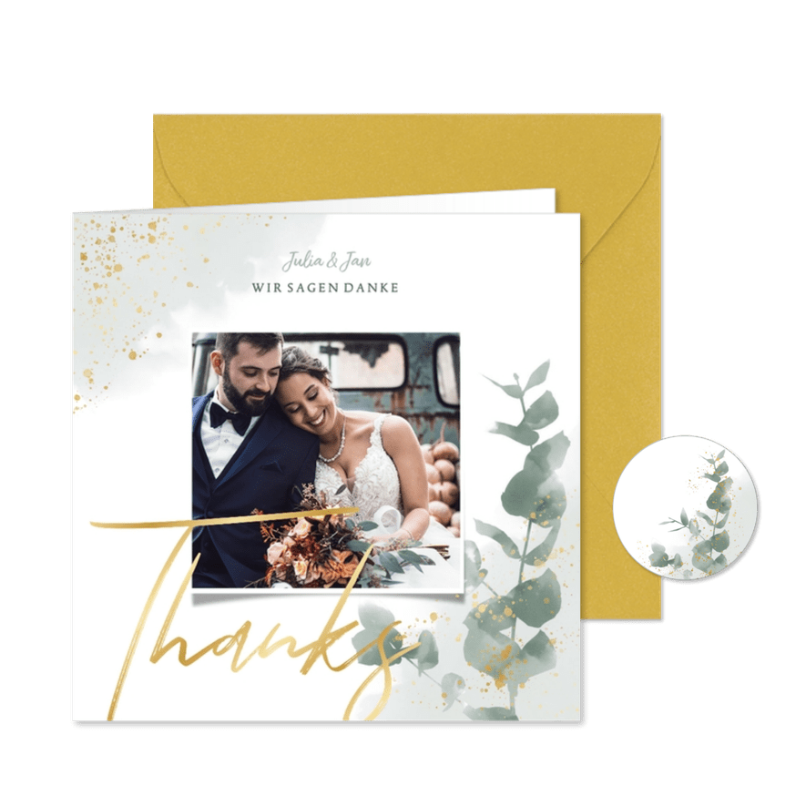 Dankeskarte zur Hochzeit Eukalyptus, Gold & Foto - Karteneindruck
