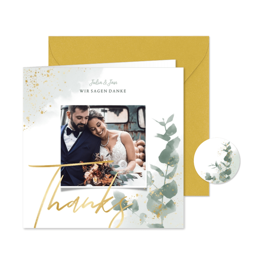 Dankeskarte zur Hochzeit Eukalyptus, Gold & Foto - Karteneindruck