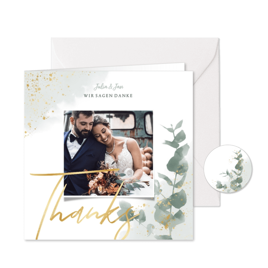 Dankeskarte zur Hochzeit Eukalyptus, Gold & Foto - Karteneindruck
