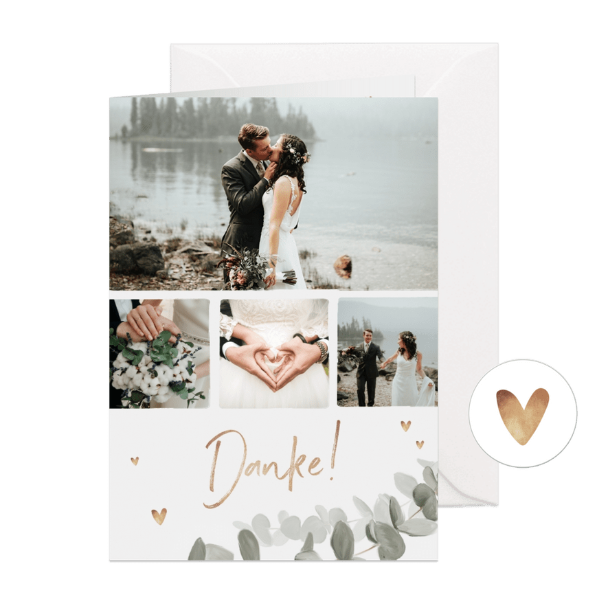 Dankeskarte zur Hochzeit Eukalyptusblatt mit Fotos - Karteneindruck
