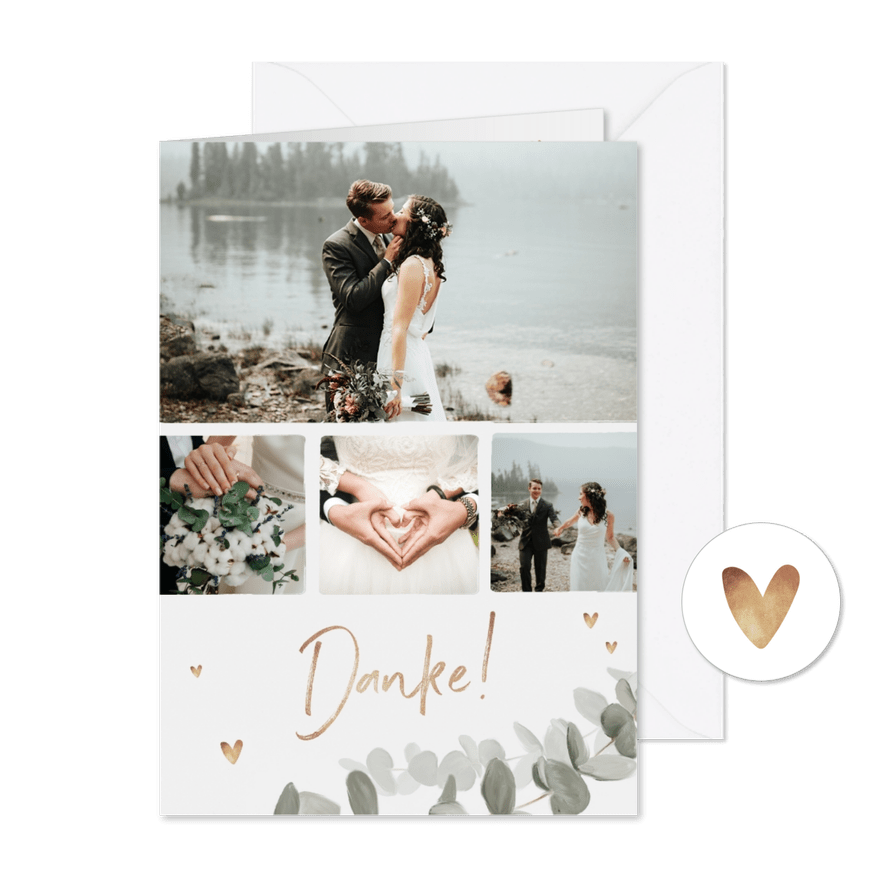 Dankeskarte zur Hochzeit Eukalyptusblatt mit Fotos - Karteneindruck
