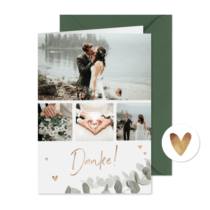 Dankeskarte zur Hochzeit Eukalyptusblatt mit Fotos - Kartenvorschau