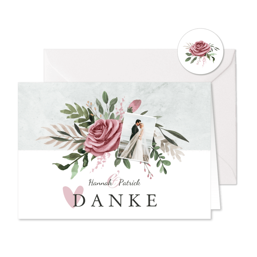 Dankeskarte zur Hochzeit Foto, Rosen & Marmor - Karteneindruck
