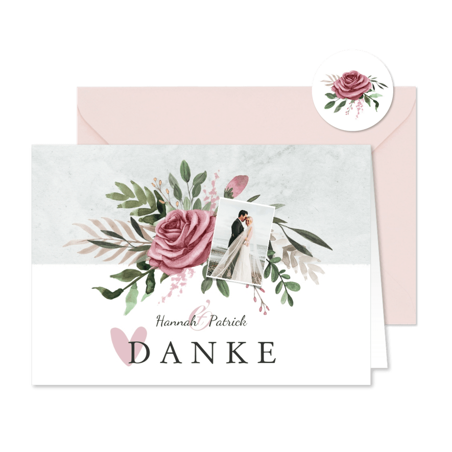 Dankeskarte zur Hochzeit Foto, Rosen & Marmor - Karteneindruck
