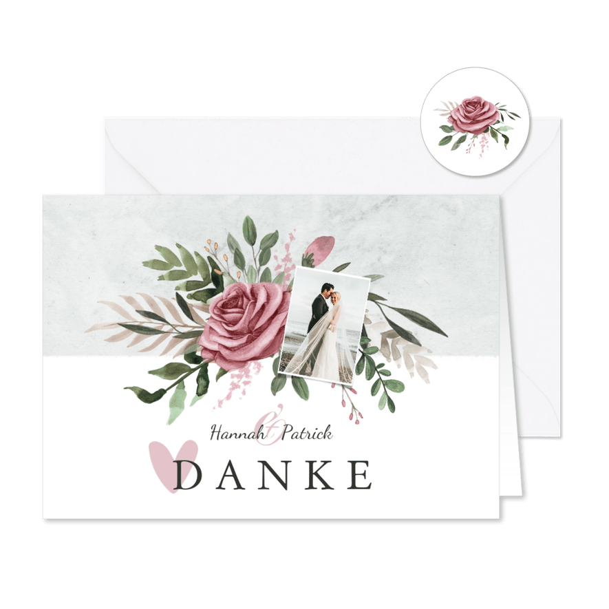 Dankeskarte zur Hochzeit Foto, Rosen & Marmor - Karteneindruck
