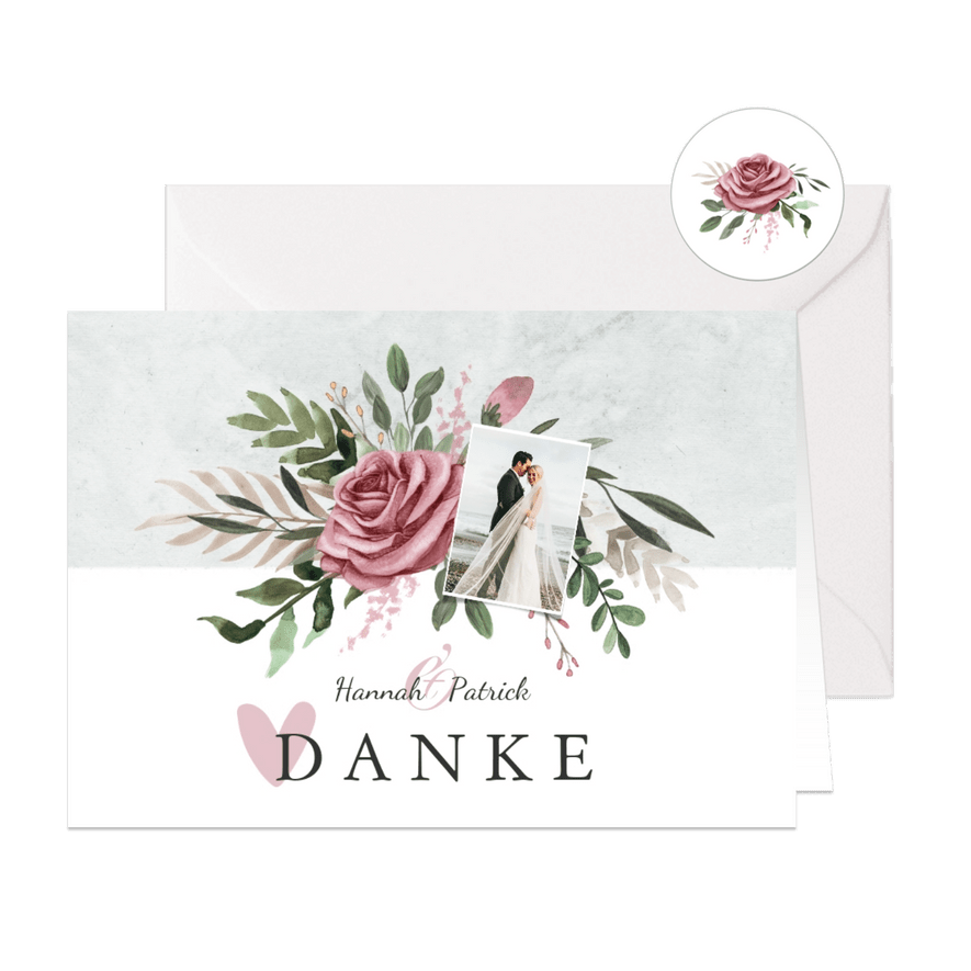 Dankeskarte zur Hochzeit Foto, Rosen & Marmor - Karteneindruck
