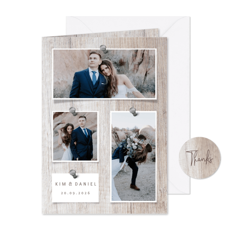 Dankeskarte zur Hochzeit Fotos auf Holz - Kartenvorschau