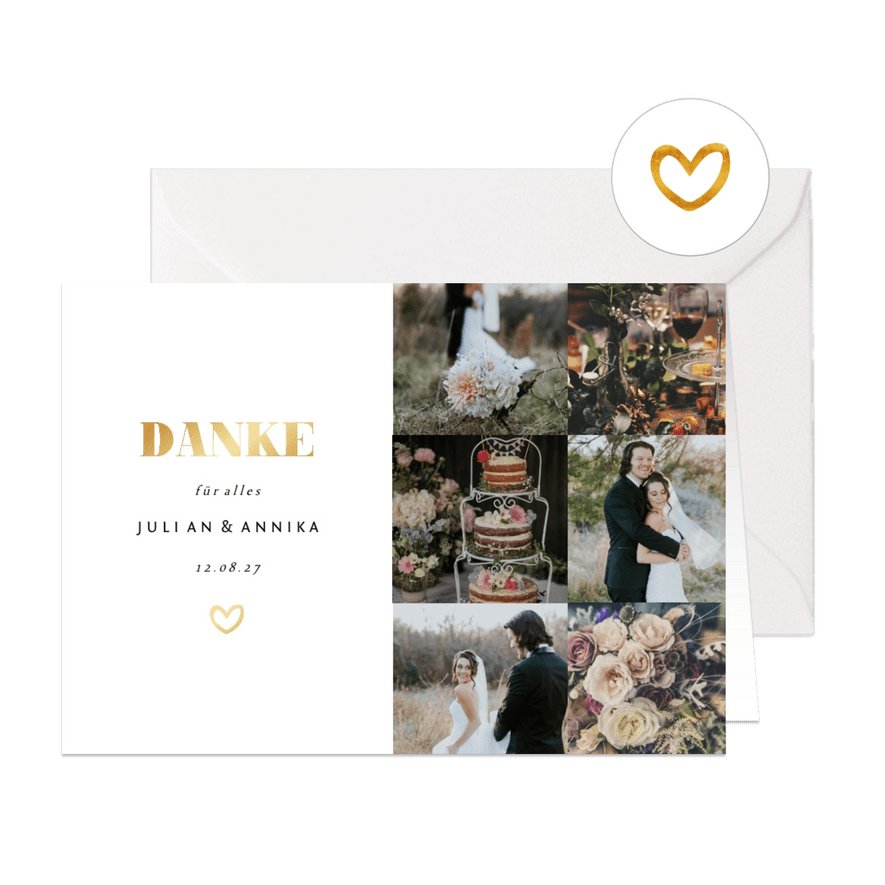 Dankeskarte zur Hochzeit Goldakzente Fotos A6 - Karteneindruck
