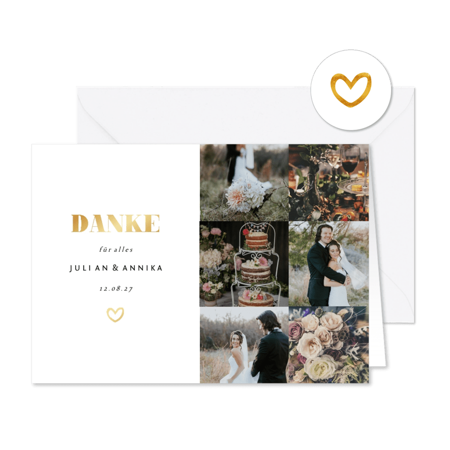 Dankeskarte zur Hochzeit Goldakzente Fotos A6 - Karteneindruck