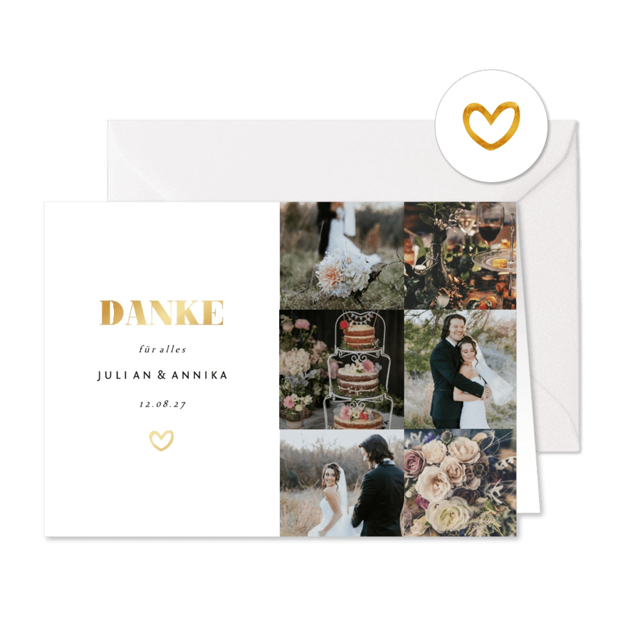 Dankeskarte zur Hochzeit Goldakzente Fotos A6 - Karteneindruck
