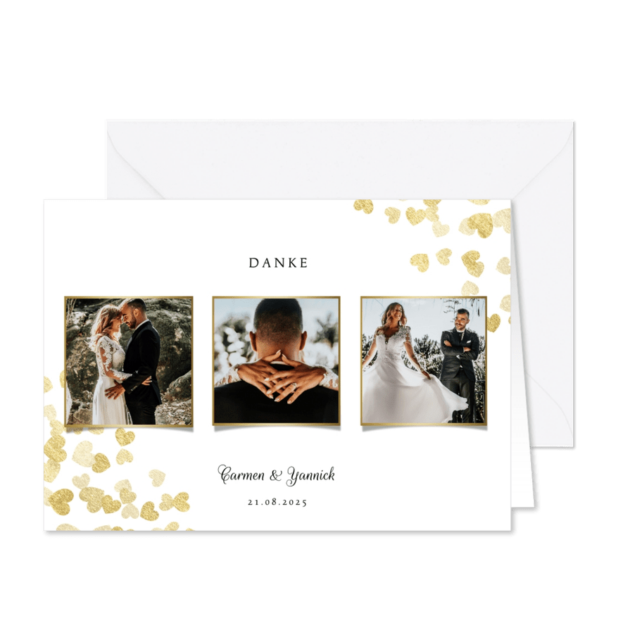Dankeskarte zur Hochzeit Goldene Herzen - Karteneindruck