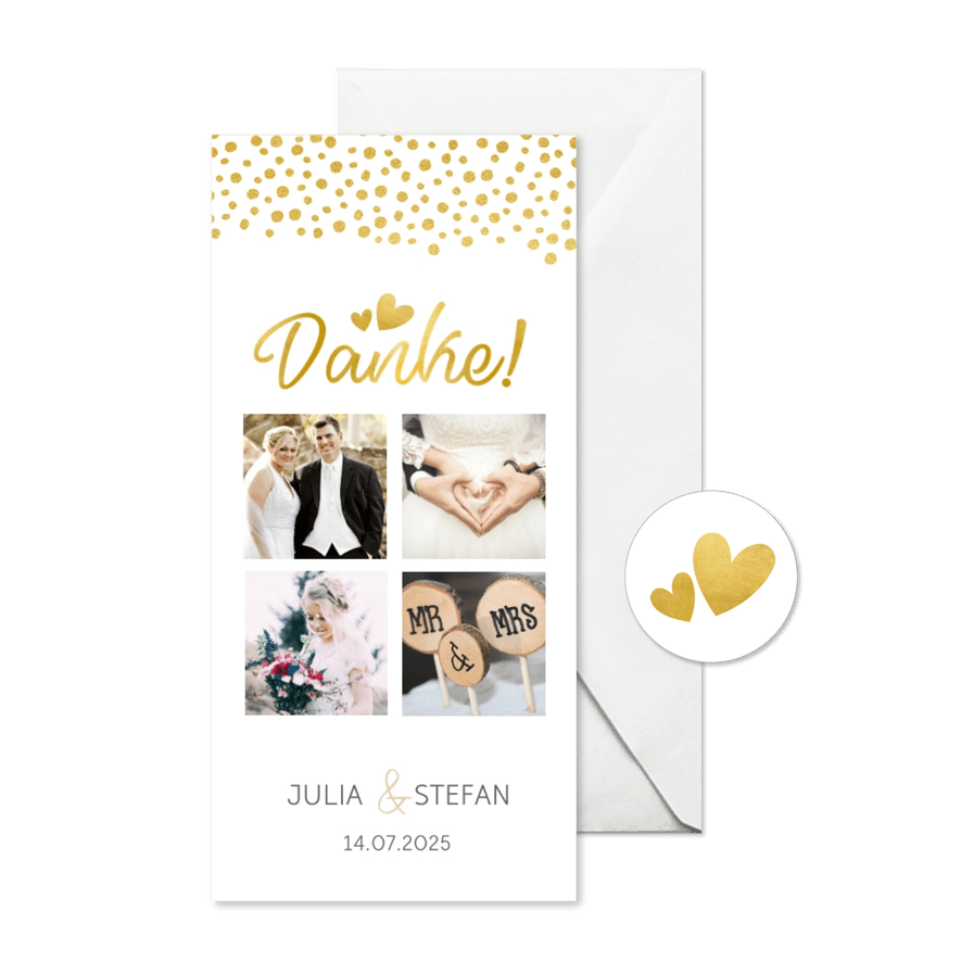 Dankeskarte zur Hochzeit in gold mit Fotocollage - Karteneindruck
