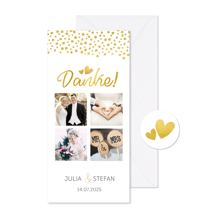Dankeskarte zur Hochzeit in gold mit Fotocollage - Karteneindruck