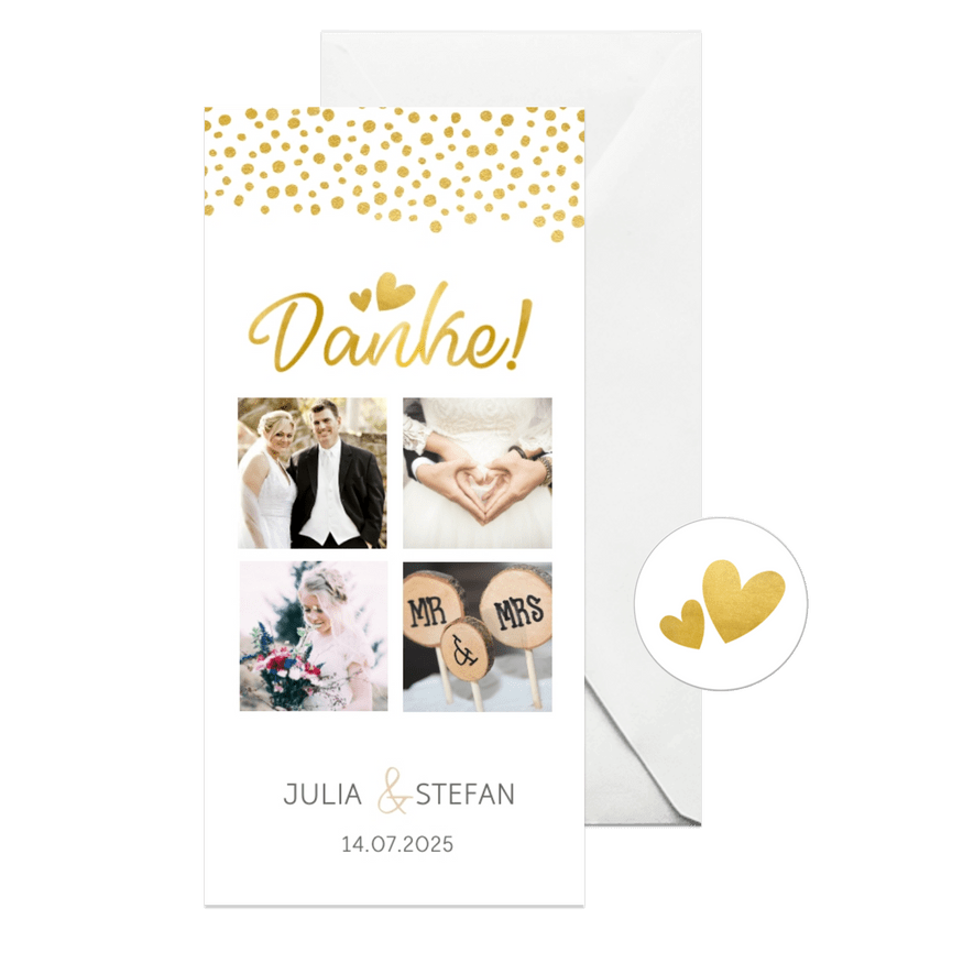 Dankeskarte zur Hochzeit in gold mit Fotocollage - Karteneindruck
