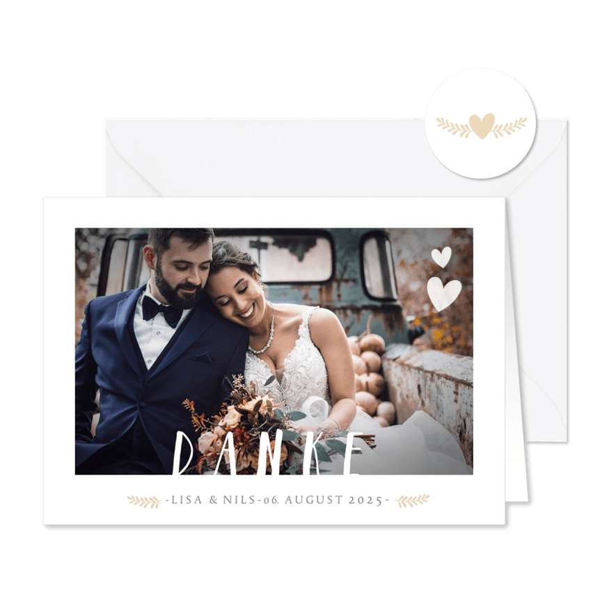 Dankeskarte zur Hochzeit mit eigenem Foto und Text - Karteneindruck