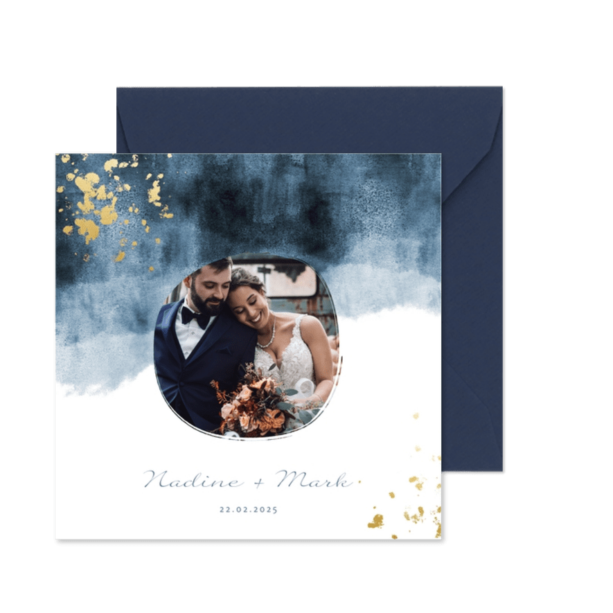 Dankeskarte zur Hochzeit mit Foto im blauen Aquarelldesign - Karteneindruck