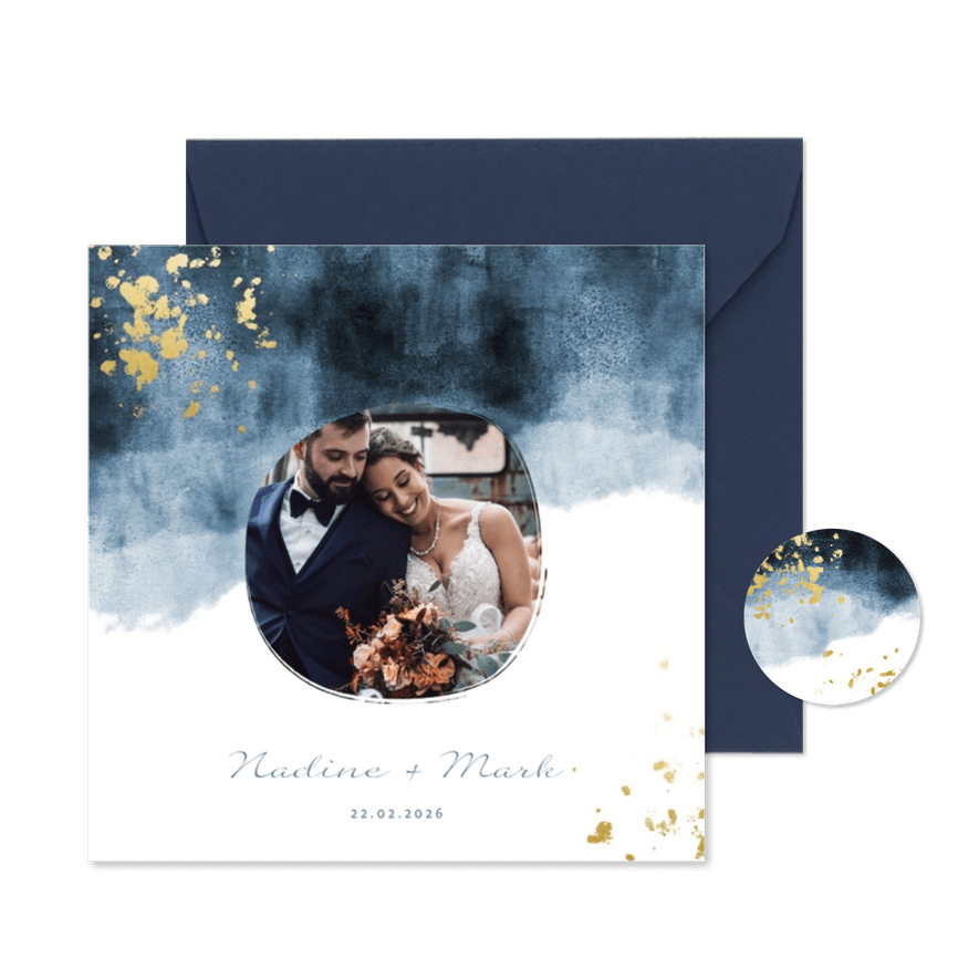 Dankeskarte zur Hochzeit mit Foto im blauen Aquarelldesign - Kartenvorschau