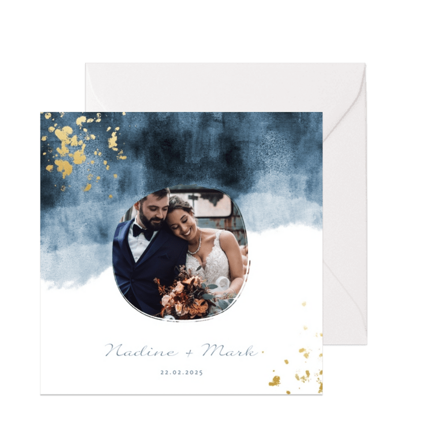 Dankeskarte zur Hochzeit mit Foto im blauen Aquarelldesign - Karteneindruck
