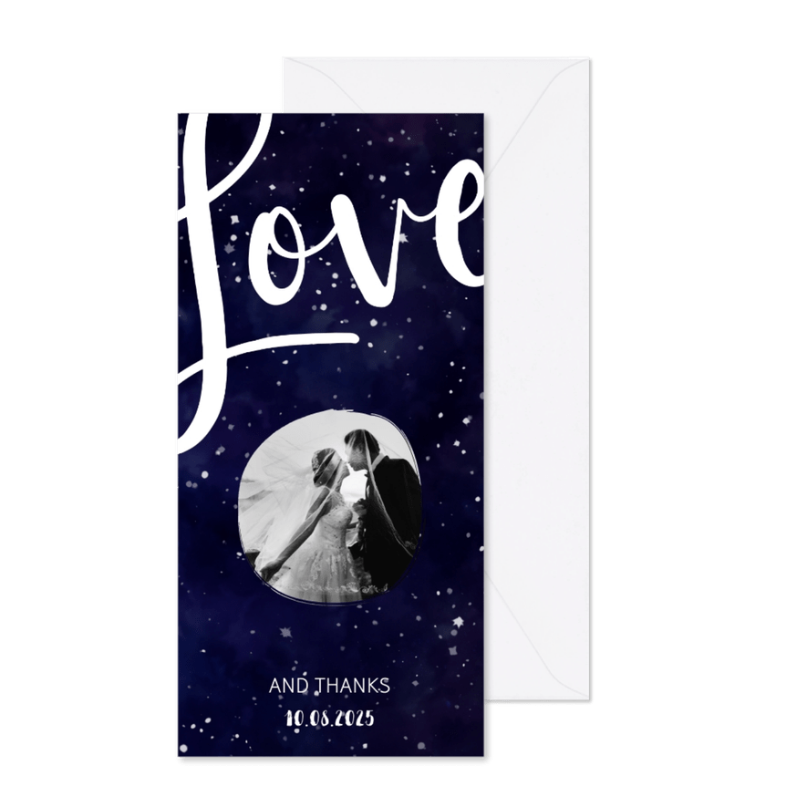 Dankeskarte zur Hochzeit mit Foto im Galaxy Design - Karteneindruck