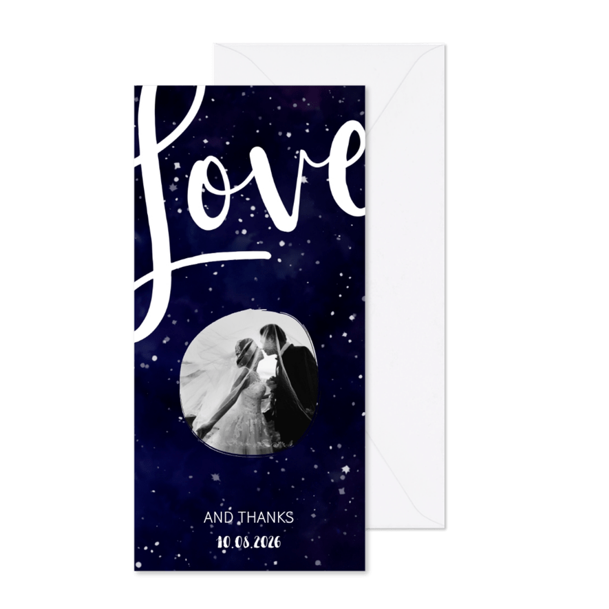 Dankeskarte zur Hochzeit mit Foto im Galaxy Design - Karteneindruck

