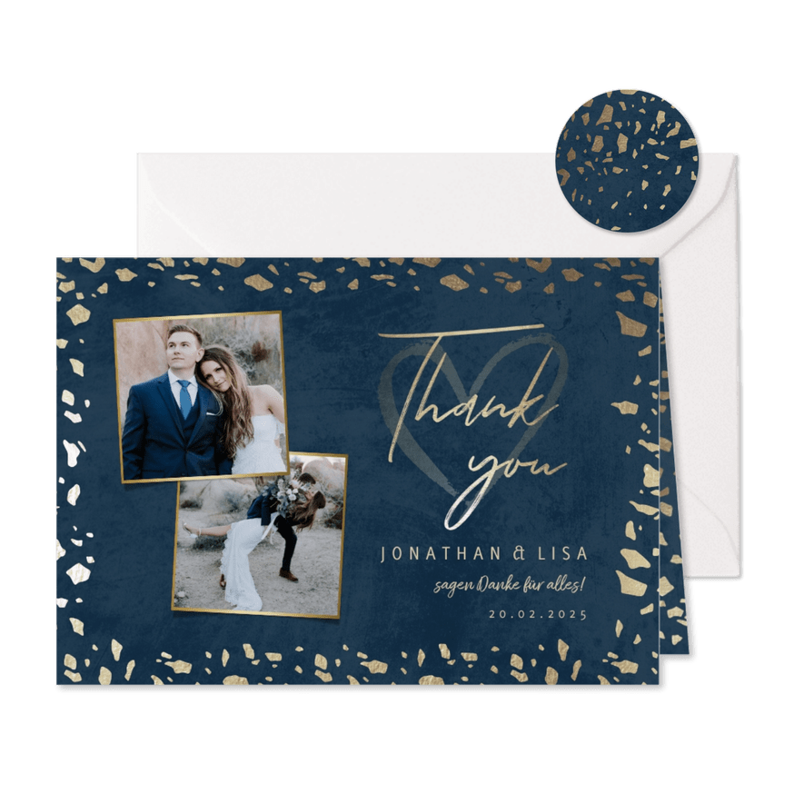 Dankeskarte zur Hochzeit mit Foto in dunkelblau mit Gold - Karteneindruck
