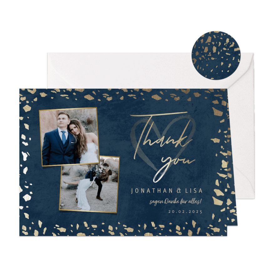 Dankeskarte zur Hochzeit mit Foto in dunkelblau mit Gold - Karteneindruck
