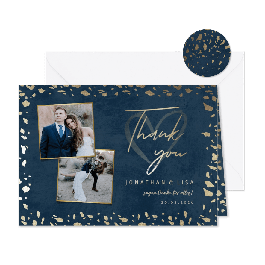 Dankeskarte zur Hochzeit mit Foto in dunkelblau mit Gold - Kartenvorschau