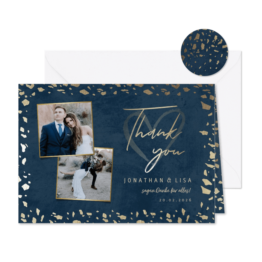 Dankeskarte zur Hochzeit mit Foto in dunkelblau mit Gold - Karteneindruck

