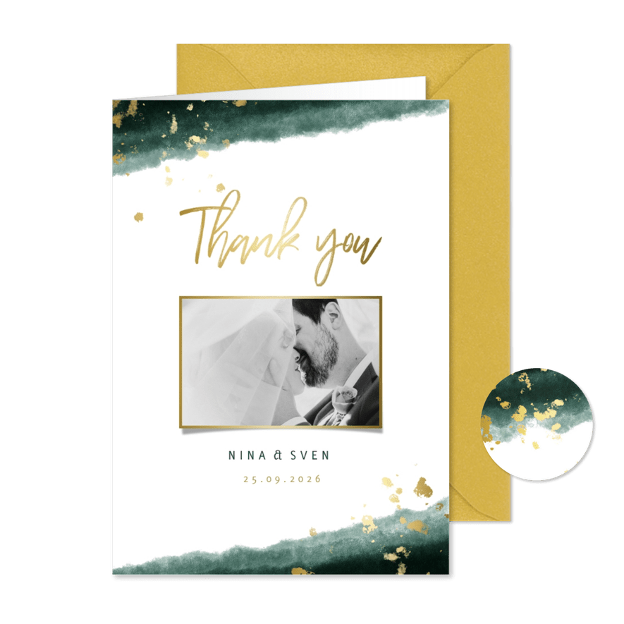 Dankeskarte zur Hochzeit mit Foto in grün und gold  - Karteneindruck
