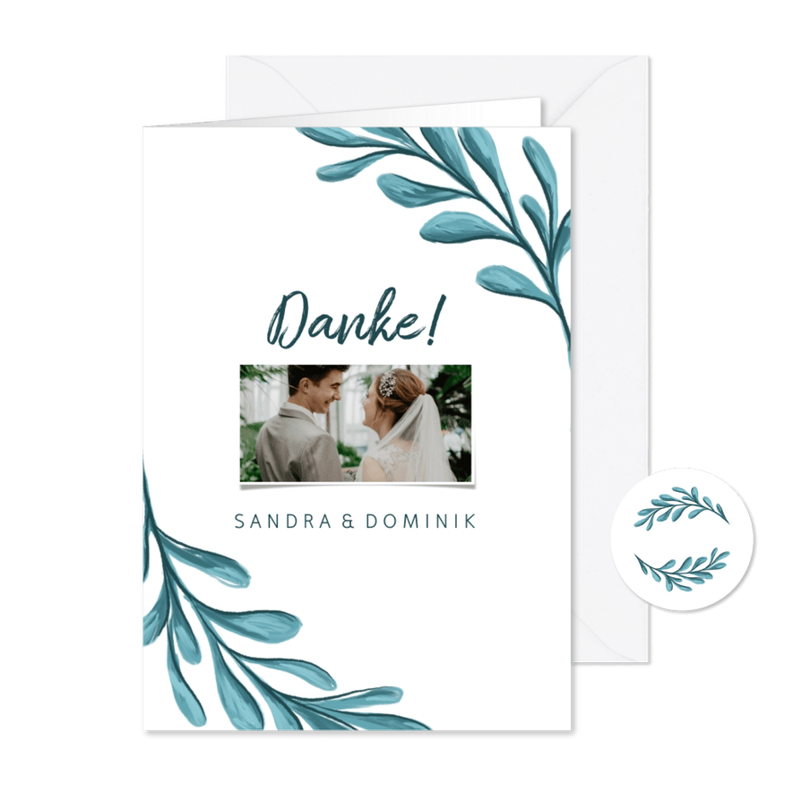 Dankeskarte zur Hochzeit mit Foto und gemalten Zweigen - Karteneindruck