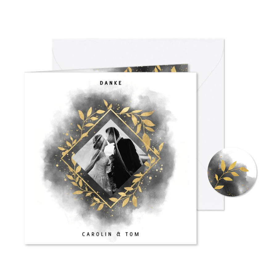 Dankeskarte zur Hochzeit mit Foto, Wasserfarbe und Zweigen - Karteneindruck
