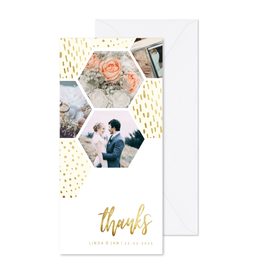 Dankeskarte zur Hochzeit mit Fotocollage im Goldlook - Karteneindruck