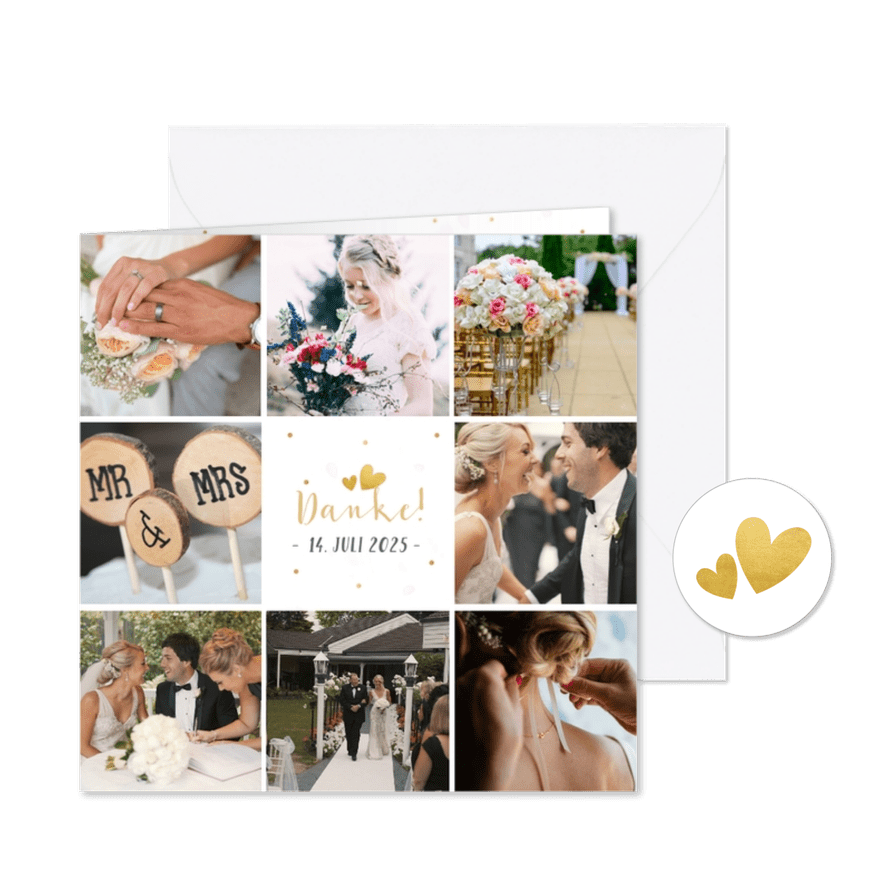 Dankeskarte zur Hochzeit mit Fotocollage und Herzen - Karteneindruck
