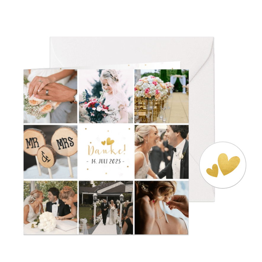 Dankeskarte zur Hochzeit mit Fotocollage und Herzen  - Karteneindruck
