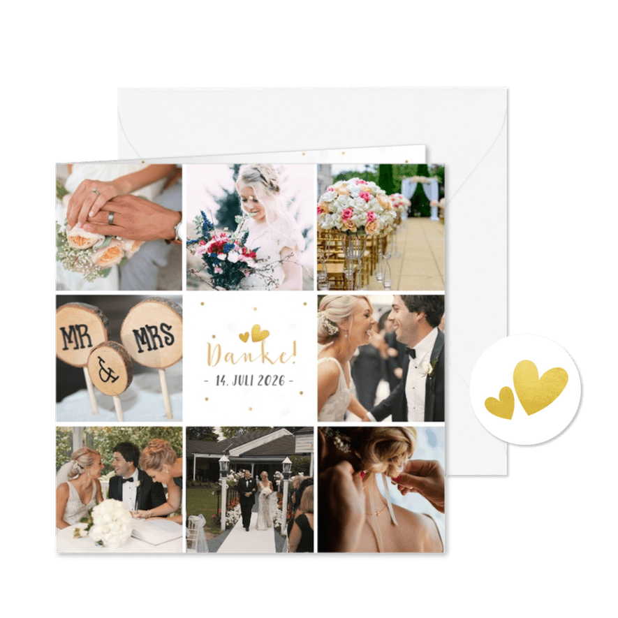 Dankeskarte zur Hochzeit mit Fotocollage und Herzen - Kartenvorschau