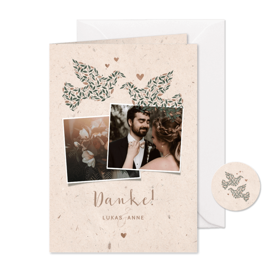 Dankeskarte zur Hochzeit mit Fotos & Tauben natürlicher Look - Karteneindruck
