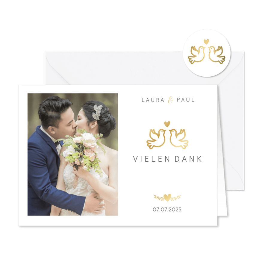 Dankeskarte zur Hochzeit mit goldenen Tauben und Herz - Karteneindruck