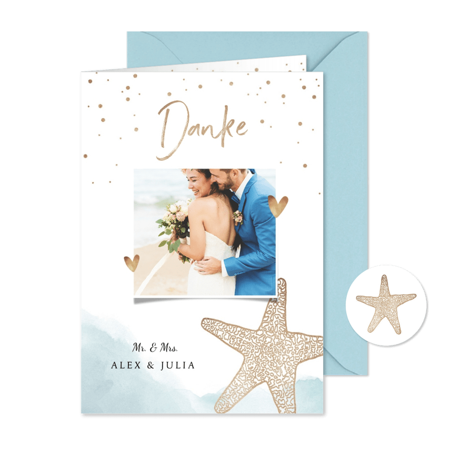 Dankeskarte zur Hochzeit Strandfeeling mit Foto - Karteneindruck